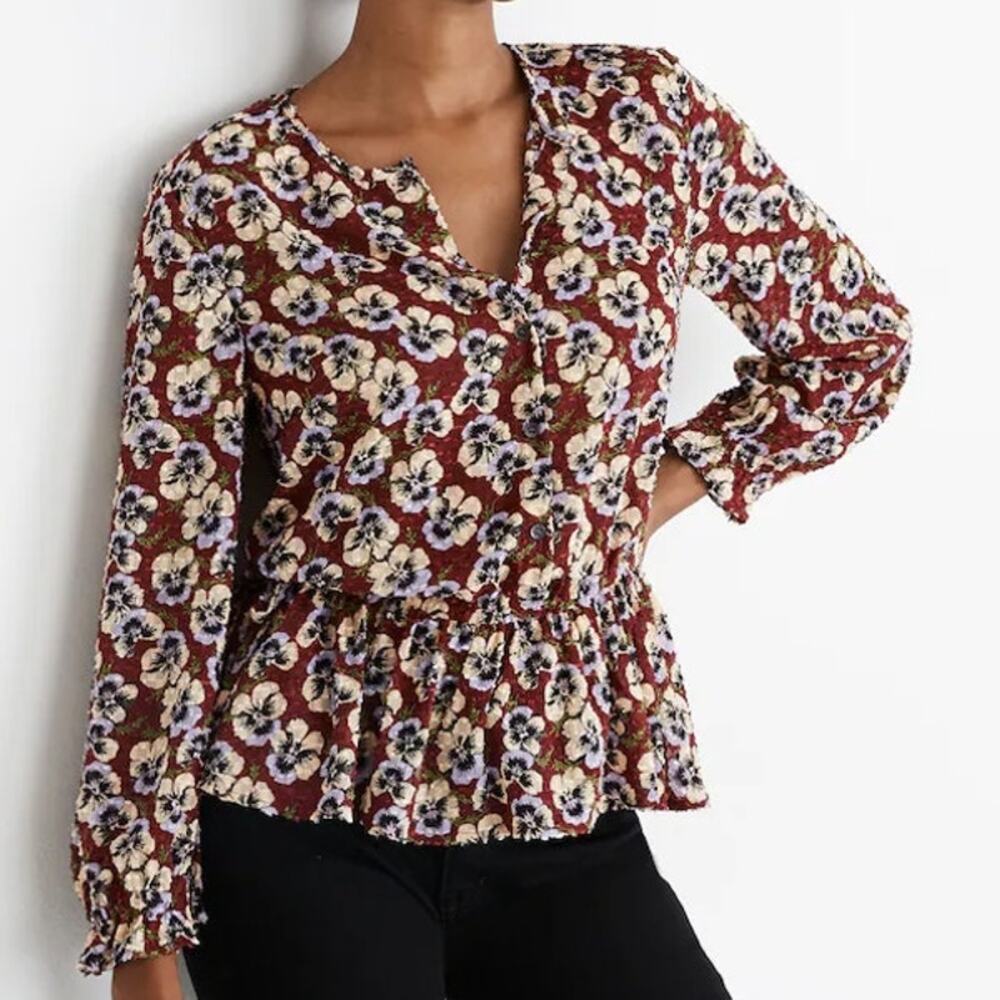 Madewell Drawstring Ruffle-Hem Top in Viola Floral Size L NWOT Cottagecore
